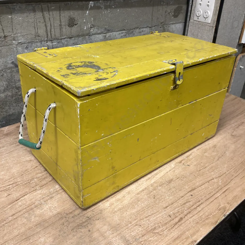 Wooden Box With Hinged Lid, Painted Yellow, Rope Handles Each End. H33 W60 D31cm Image 1++